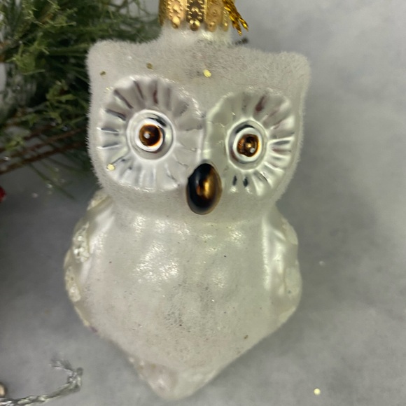 Christmas Ornament Lot Of 4 Flocked Owl Snowman Snowflake Glass Ball Blue White - Picture 10 of 12
